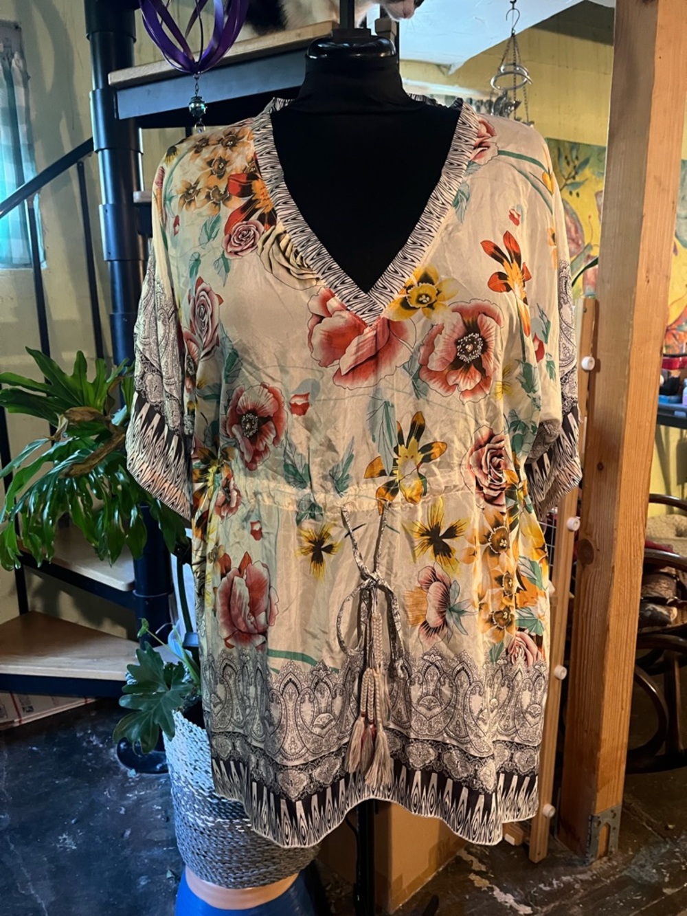 Johnny Was Cream Floral V-Neck Tunic with Yellow & Pink Accents